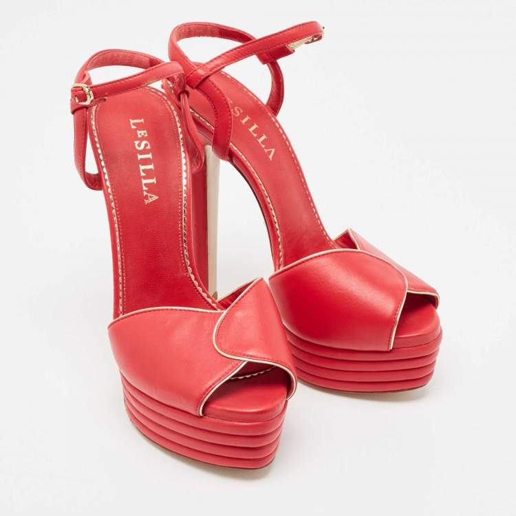 Pre Owned Le Silla Red Leather Peep Toe Platform Ankle Strap Sandals Size 37