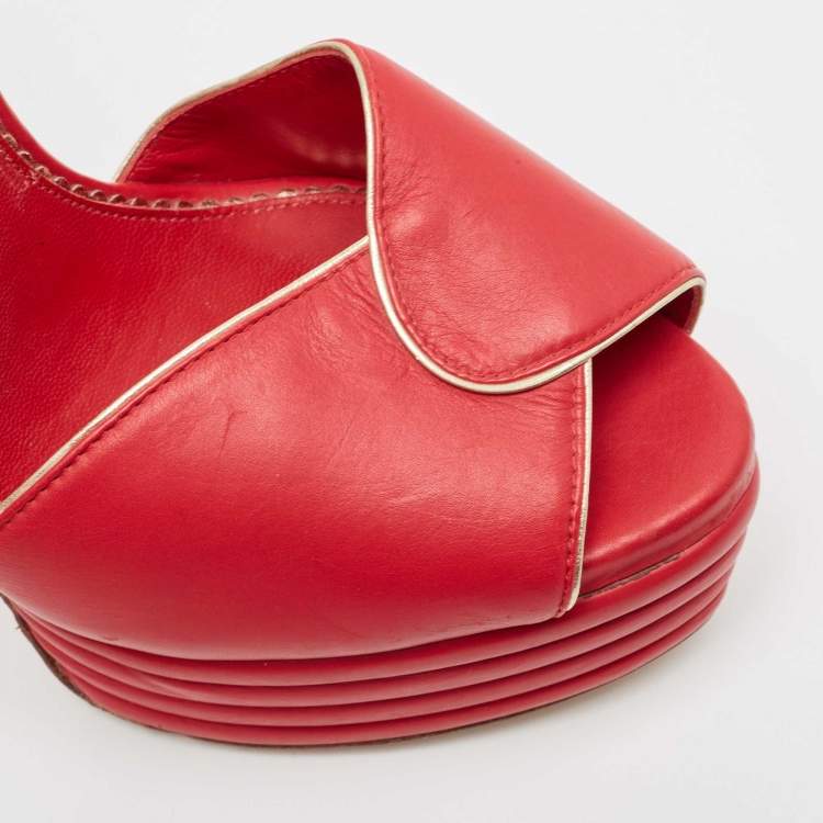 Pre Owned Le Silla Red Leather Peep Toe Platform Ankle Strap Sandals Size 37
