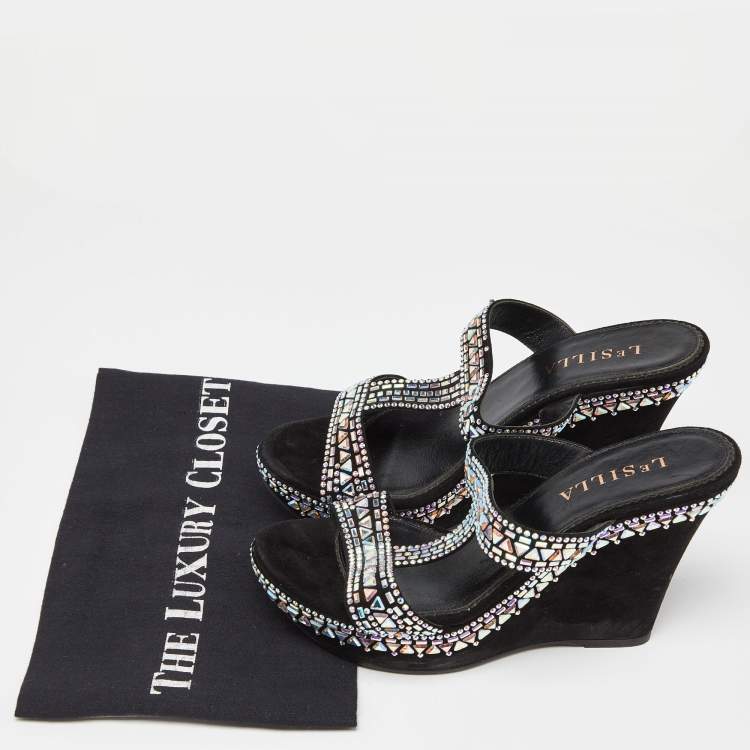 Pre Owned Le Silla Black Suede Embellished Wedge Sandals Size 39