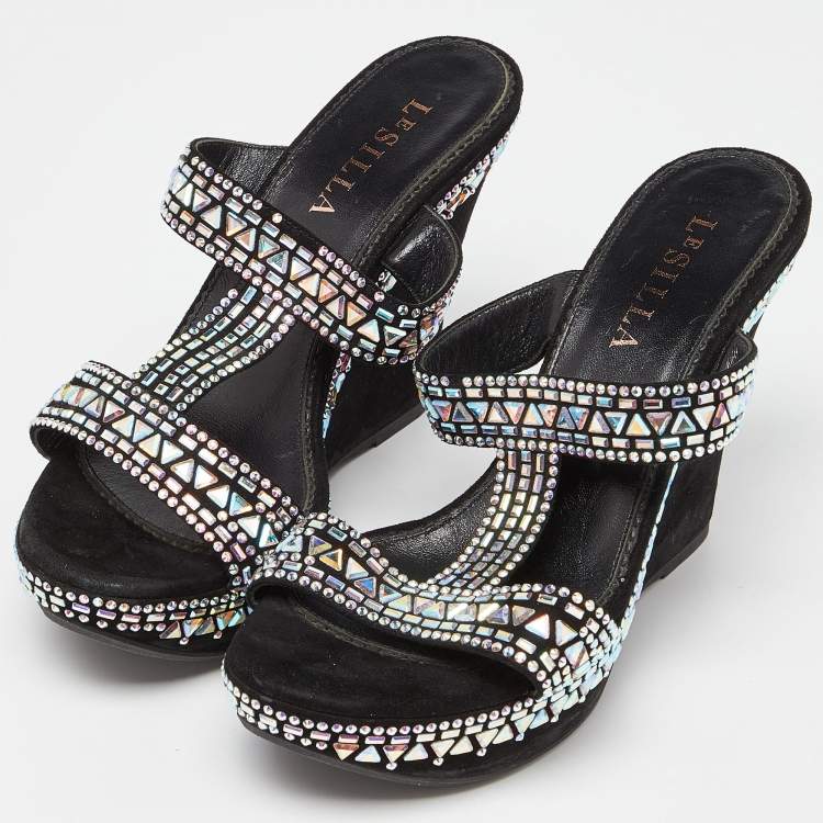 Pre Owned Le Silla Black Suede Embellished Wedge Sandals Size 39