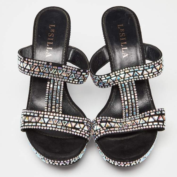 Pre Owned Le Silla Black Suede Embellished Wedge Sandals Size 39