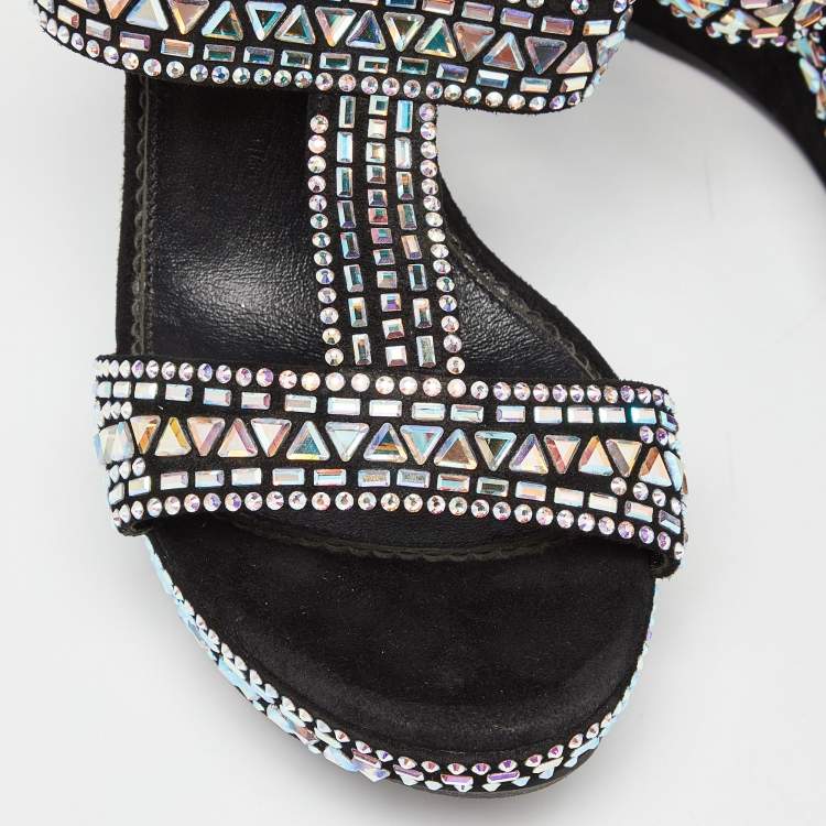 Pre Owned Le Silla Black Suede Embellished Wedge Sandals Size 39