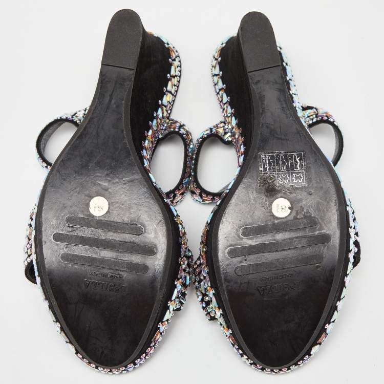 Pre Owned Le Silla Black Suede Embellished Wedge Sandals Size 39