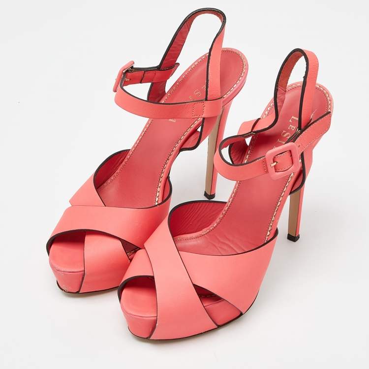 Pre Owned Le Silla Coral Pink Leather Ankle Strap Platform Sandals Size 39 