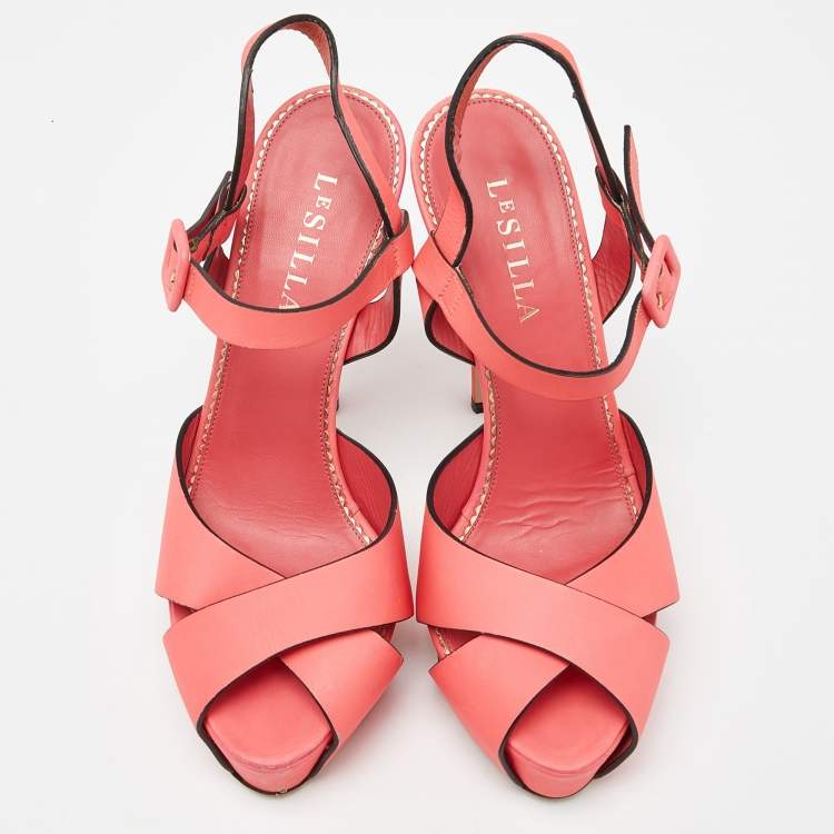 Pre Owned Le Silla Coral Pink Leather Ankle Strap Platform Sandals Size 39 