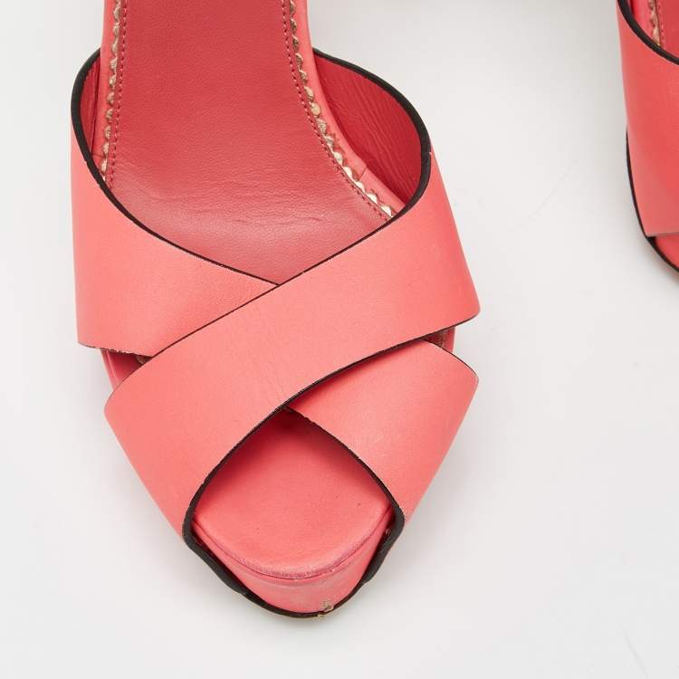Pre Owned Le Silla Coral Pink Leather Ankle Strap Platform Sandals Size 39 