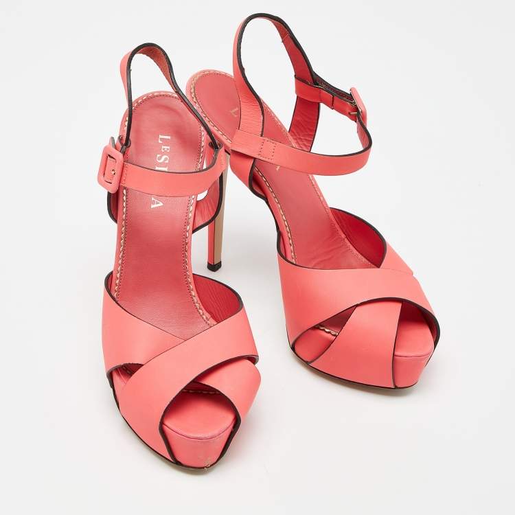Pre Owned Le Silla Coral Pink Leather Ankle Strap Platform Sandals Size 39 