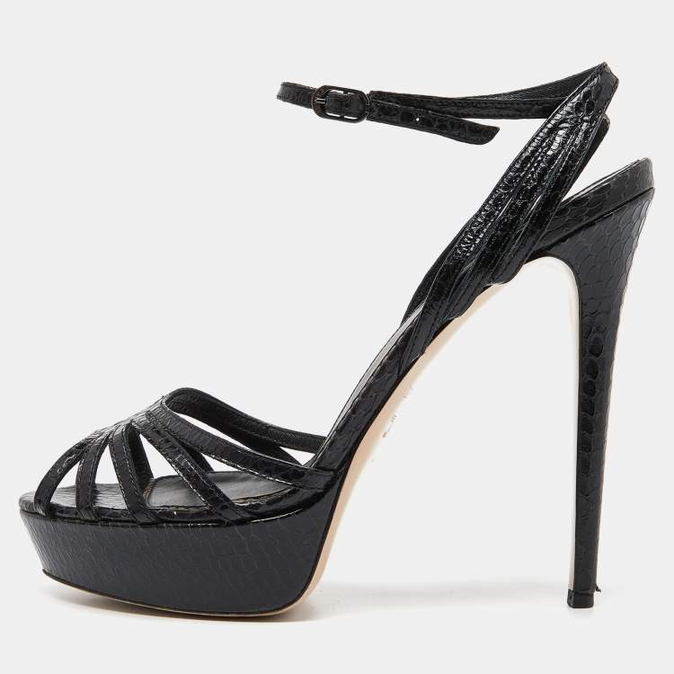 Pre Owned Le Silla Black Python Embossed Leather Ankle Strap Platform Sandals Size 40