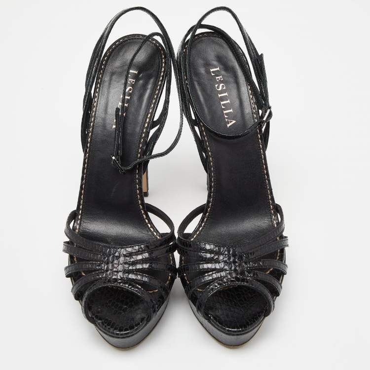 Pre Owned Le Silla Black Python Embossed Leather Ankle Strap Platform Sandals Size 40