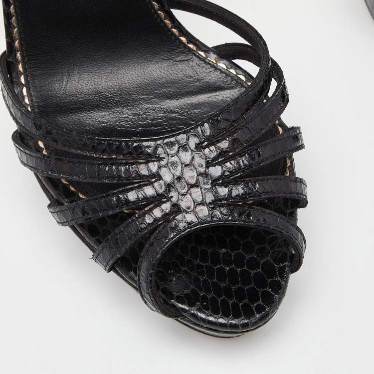 Pre Owned Le Silla Black Python Embossed Leather Ankle Strap Platform Sandals Size 40