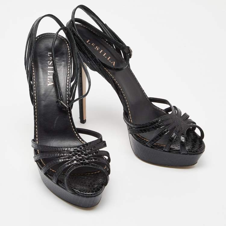 Pre Owned Le Silla Black Python Embossed Leather Ankle Strap Platform Sandals Size 40