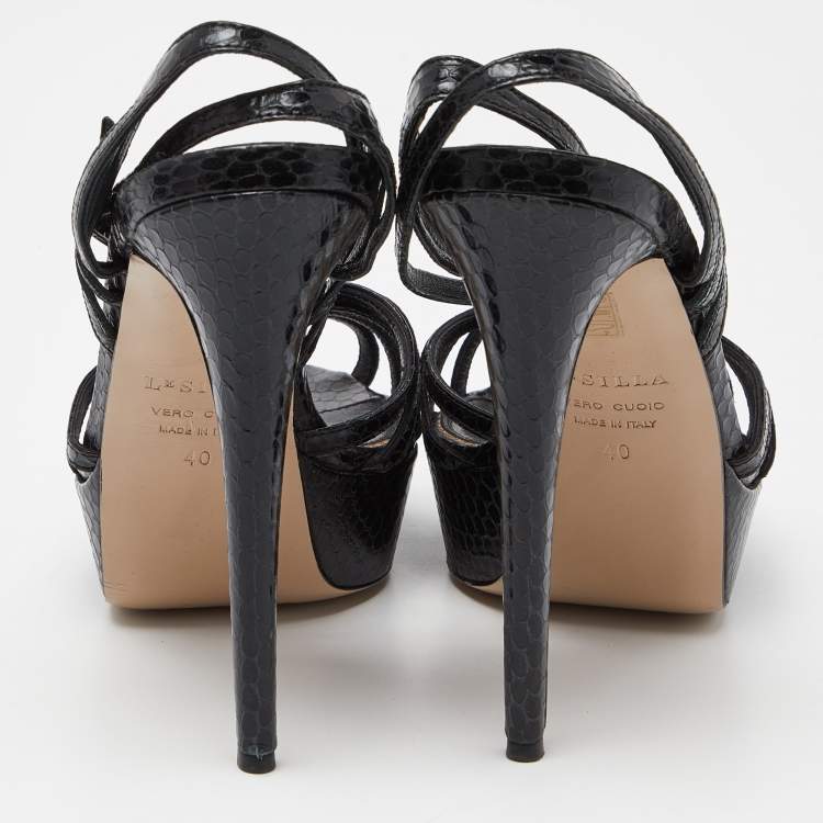 Pre Owned Le Silla Black Python Embossed Leather Ankle Strap Platform Sandals Size 40