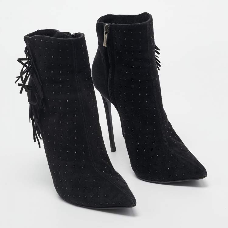 Pre Owned Le Silla Black Suede Studded Lace-Up Ankle Boots Size 38