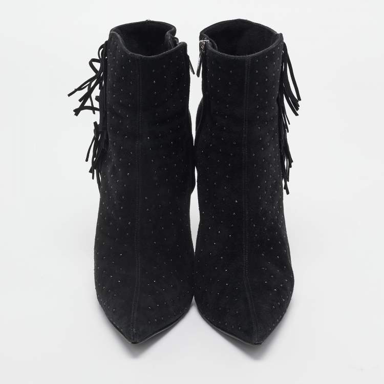 Pre Owned Le Silla Black Suede Studded Lace-Up Ankle Boots Size 38