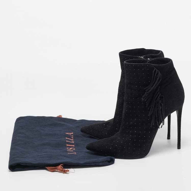 Pre Owned Le Silla Black Suede Studded Lace-Up Ankle Boots Size 38