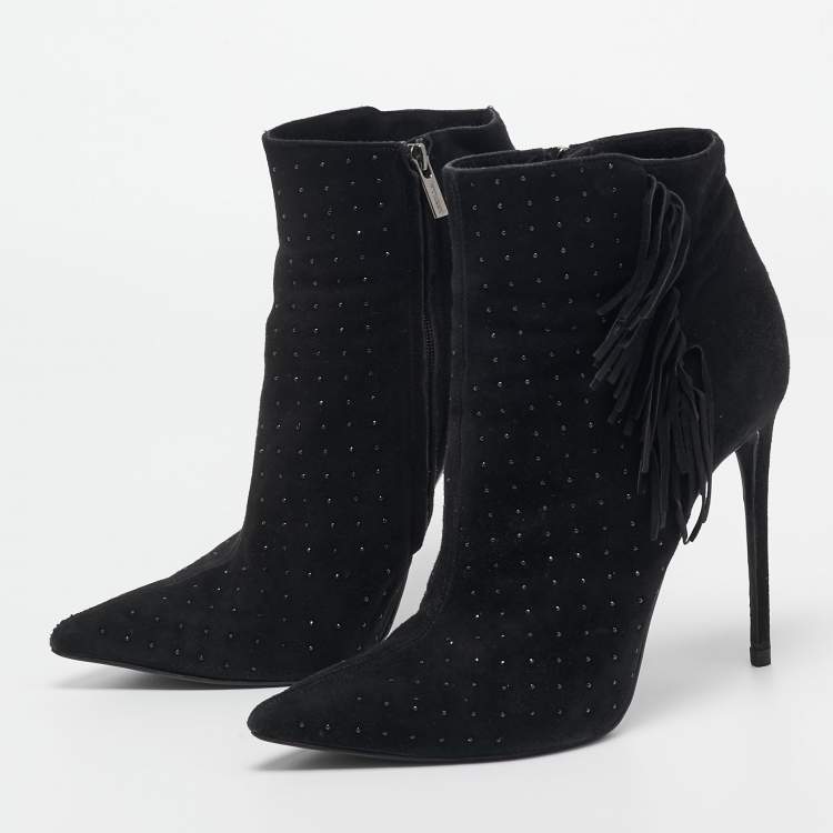 Pre Owned Le Silla Black Suede Studded Lace-Up Ankle Boots Size 38