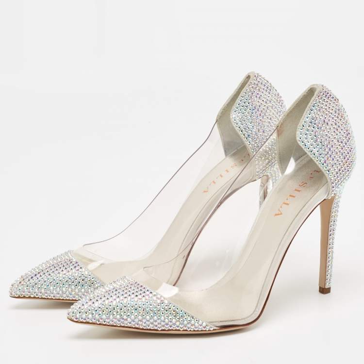 Pre Owned Le Silla Silver Suede and PVC Crystal Embellished Pumps Size 39.5