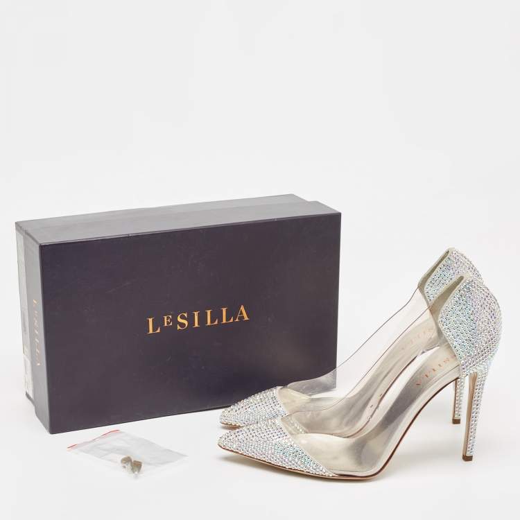 Pre Owned Le Silla Silver Suede and PVC Crystal Embellished Pumps Size 39.5