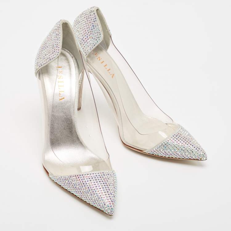 Pre Owned Le Silla Silver Suede and PVC Crystal Embellished Pumps Size 39.5