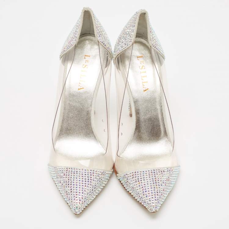 Pre Owned Le Silla Silver Suede and PVC Crystal Embellished Pumps Size 39.5