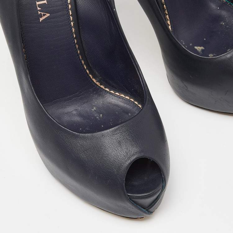 Pre Owned Le Silla Blue Leather Embellished Heel Peep Toe Pumps Size 37