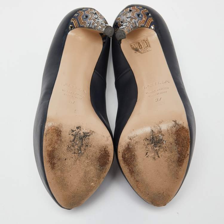 Pre Owned Le Silla Blue Leather Embellished Heel Peep Toe Pumps Size 37