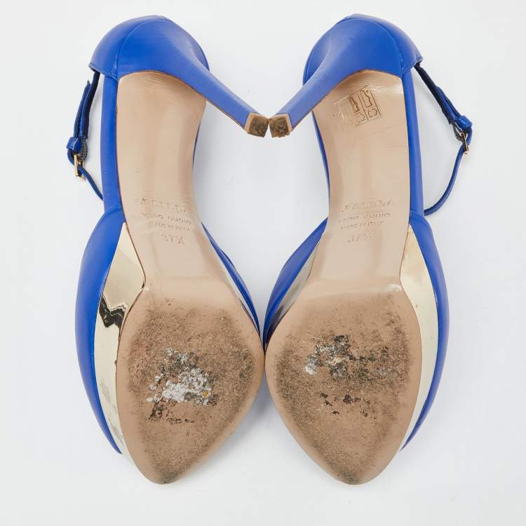 Pre Owned Le Silla Blue Leather Peep Toe Platform Ankle Strap Sandals Size 37.5