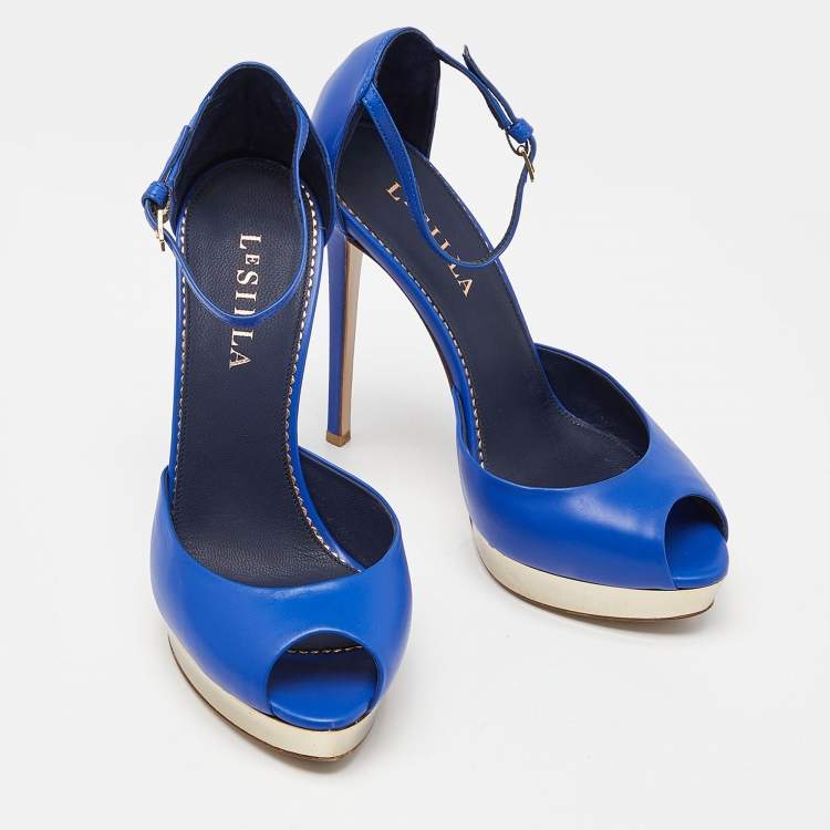 Pre Owned Le Silla Blue Leather Peep Toe Platform Ankle Strap Sandals Size 37.5