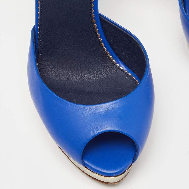 Pre Owned Le Silla Blue Leather Peep Toe Platform Ankle Strap Sandals Size 37.5