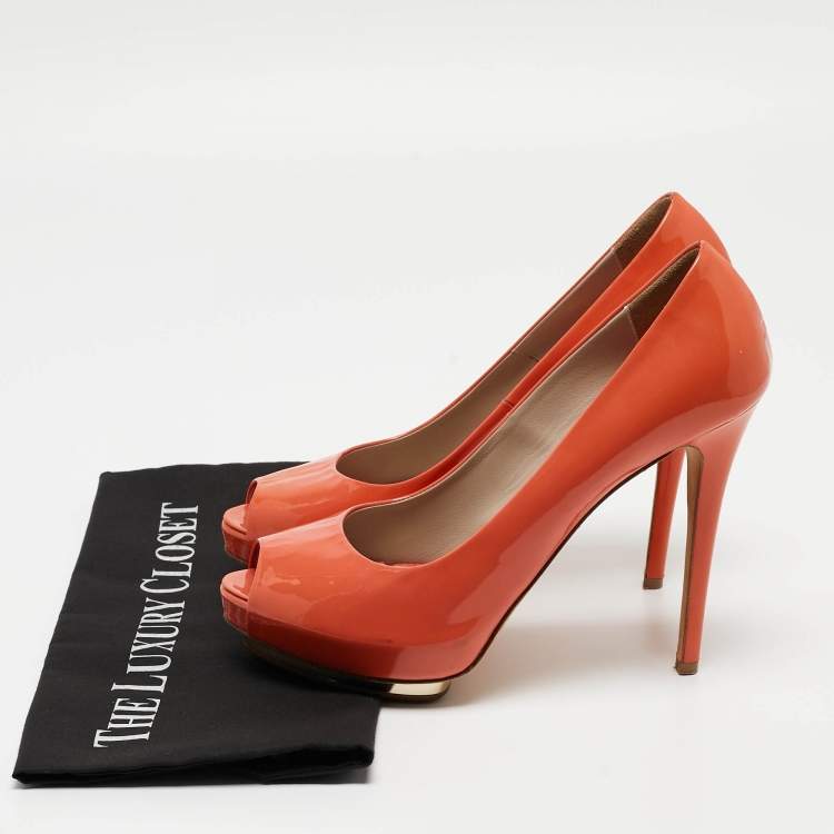 Pre Owned Le Silla Orange Patent Peep Toe Pumps Size 39.5