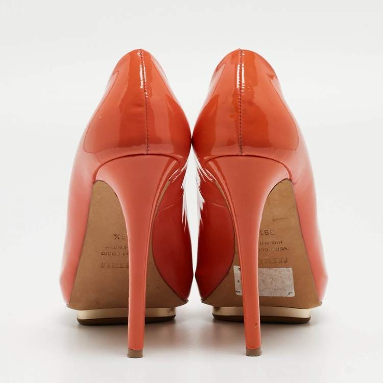 Pre Owned Le Silla Orange Patent Peep Toe Pumps Size 39.5