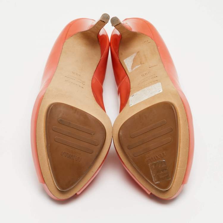 Pre Owned Le Silla Orange Patent Peep Toe Pumps Size 39.5