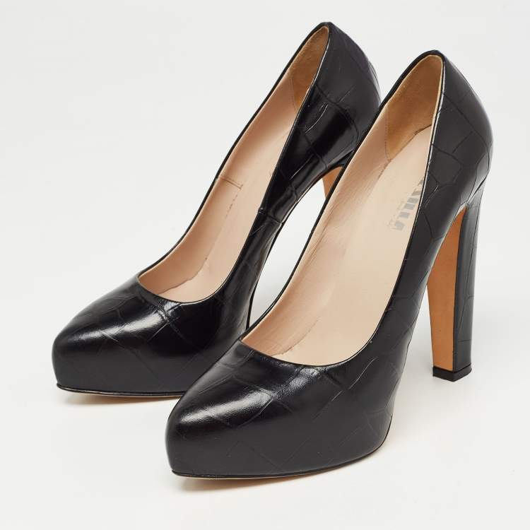 Pre Owned Le Silla Black Croc Embossed Leather Platform Pumps Size 38.5