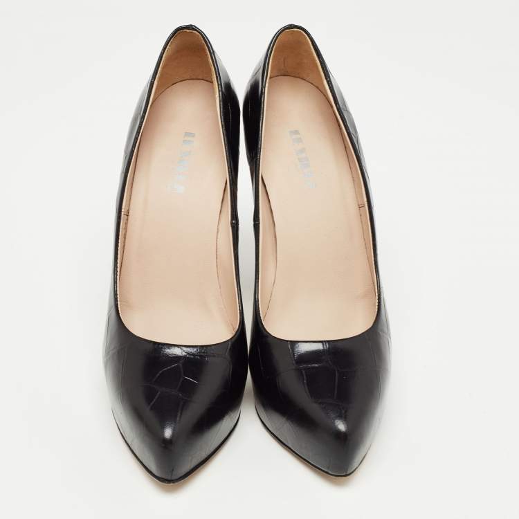 Pre Owned Le Silla Black Croc Embossed Leather Platform Pumps Size 38.5
