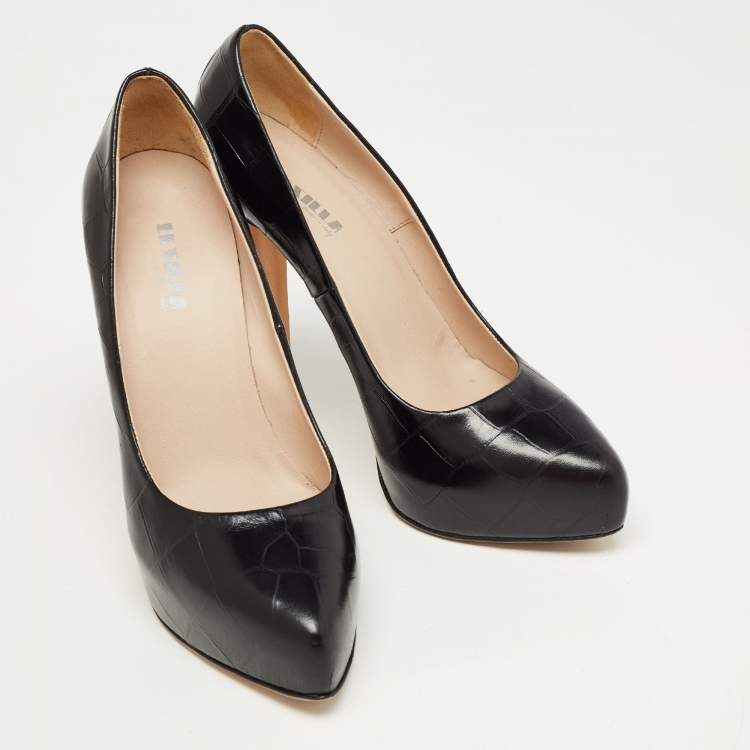 Pre Owned Le Silla Black Croc Embossed Leather Platform Pumps Size 38.5