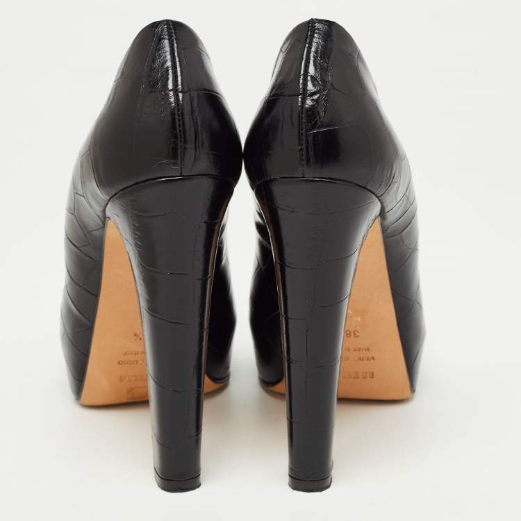 Pre Owned Le Silla Black Croc Embossed Leather Platform Pumps Size 38.5