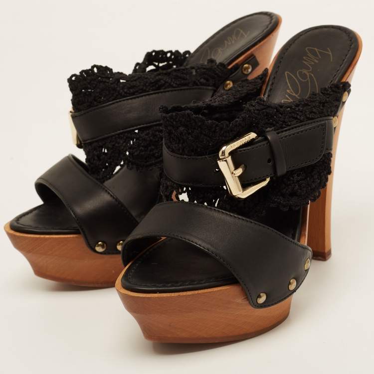 Pre Owned Le Silla Black Leather and Lace Wooden Platform Slide Sandals Size 36
