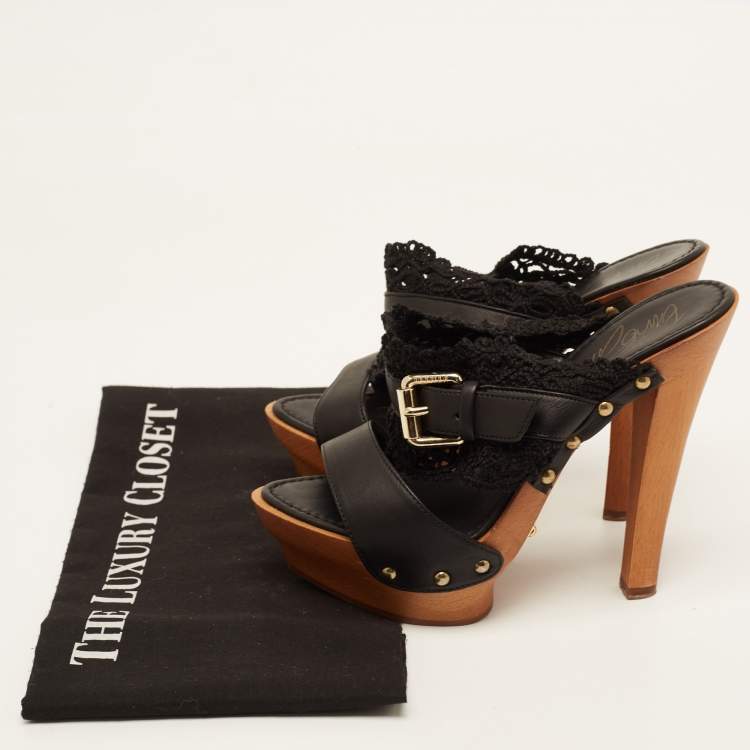 Pre Owned Le Silla Black Leather and Lace Wooden Platform Slide Sandals Size 36