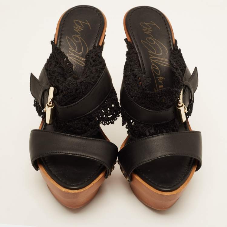 Pre Owned Le Silla Black Leather and Lace Wooden Platform Slide Sandals Size 36