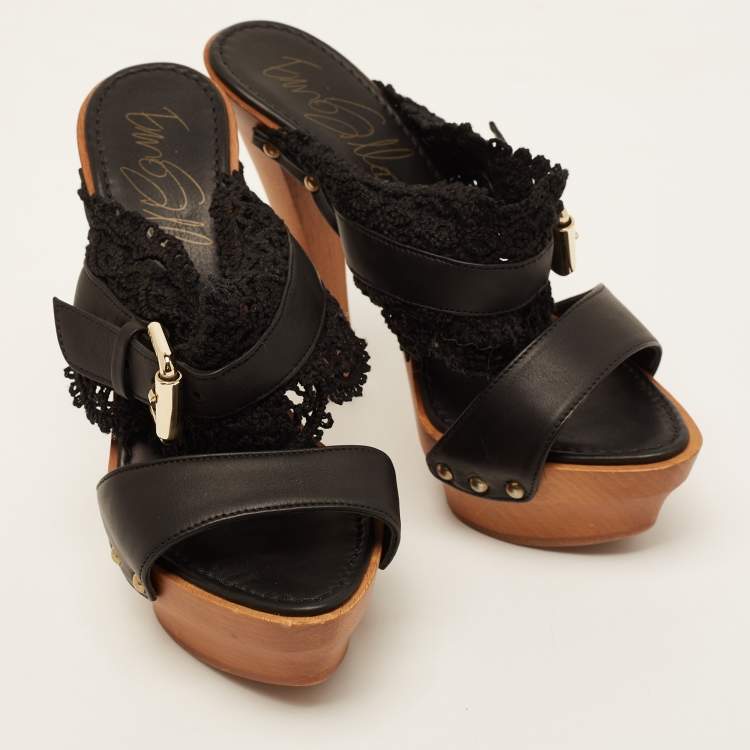 Pre Owned Le Silla Black Leather and Lace Wooden Platform Slide Sandals Size 36