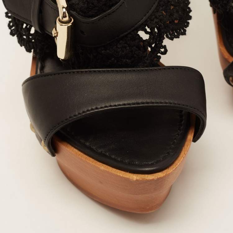 Pre Owned Le Silla Black Leather and Lace Wooden Platform Slide Sandals Size 36