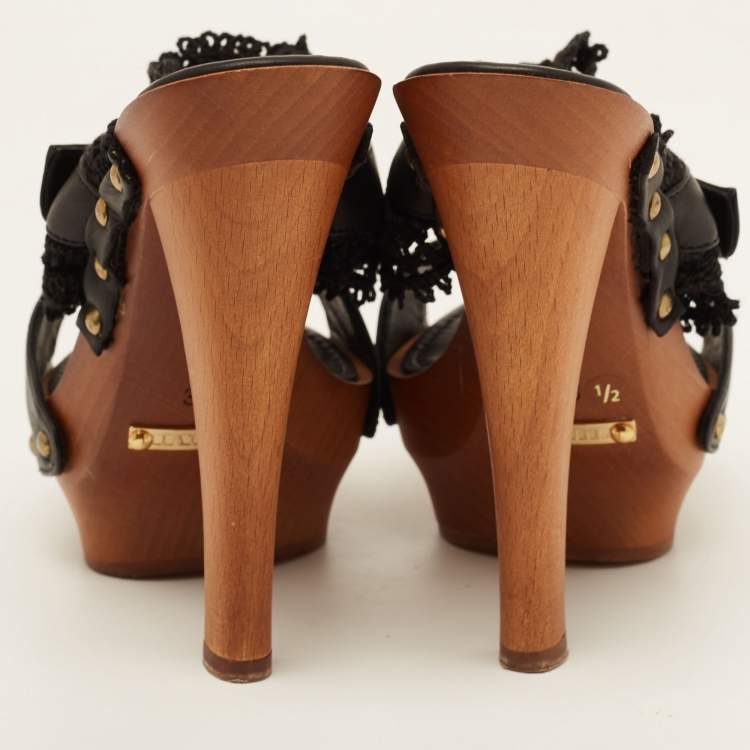 Pre Owned Le Silla Black Leather and Lace Wooden Platform Slide Sandals Size 36