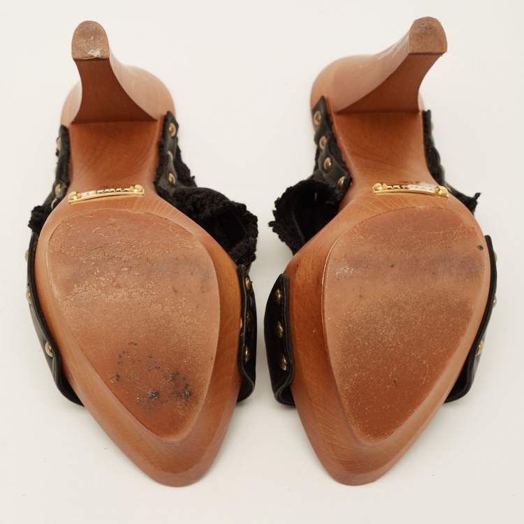 Pre Owned Le Silla Black Leather and Lace Wooden Platform Slide Sandals Size 36