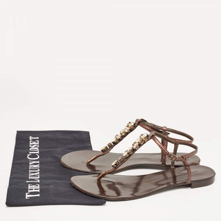 Pre Owned Le Silla Metallic Brown Leather Crystal Embellished Thong Flat Sandals Size 39.5
