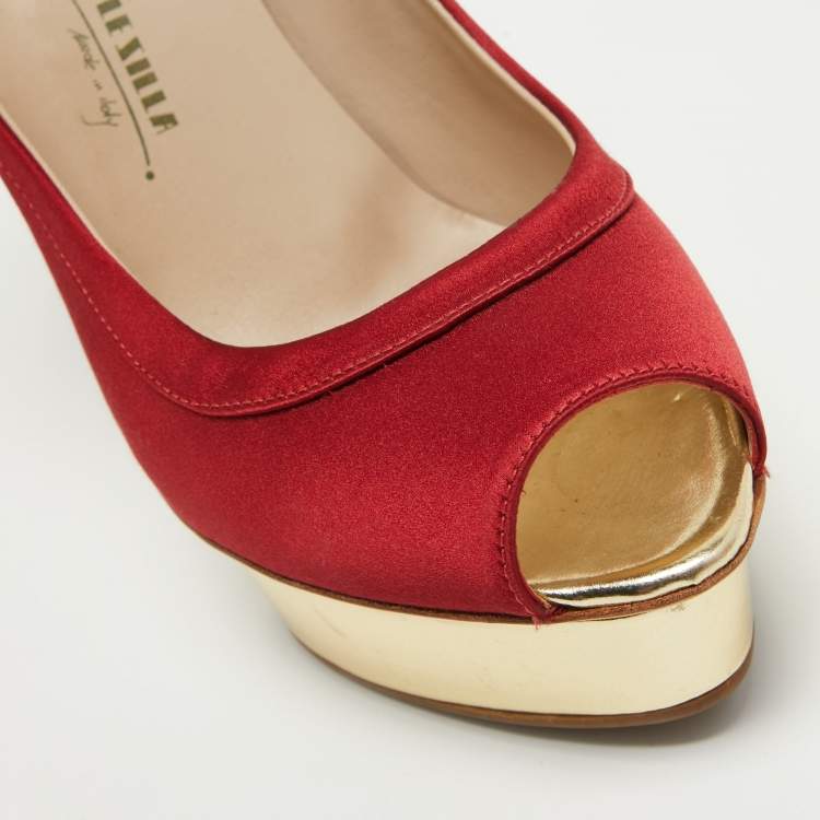 Pre Owned Le Silla Red Satin Peep Toe Platform Pumps Size 40.5