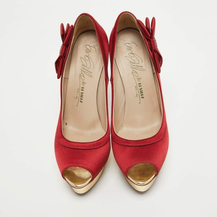 Pre Owned Le Silla Red Satin Peep Toe Platform Pumps Size 40.5