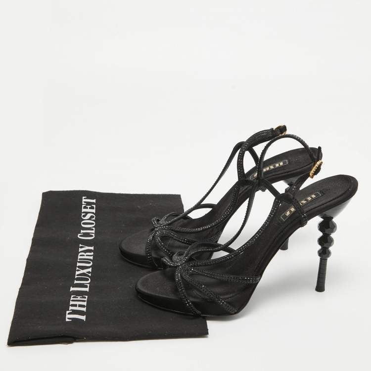Pre Owned Le Silla Black Crystal Embellished Satin Slingback Sandals Size 38