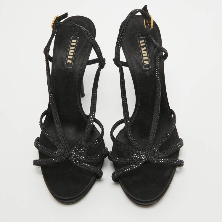 Pre Owned Le Silla Black Crystal Embellished Satin Slingback Sandals Size 38