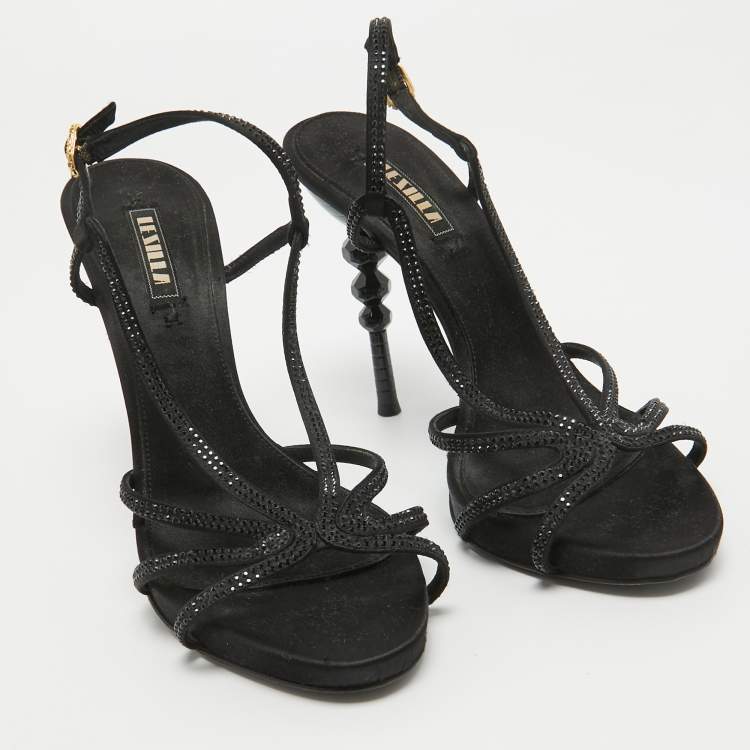 Pre Owned Le Silla Black Crystal Embellished Satin Slingback Sandals Size 38