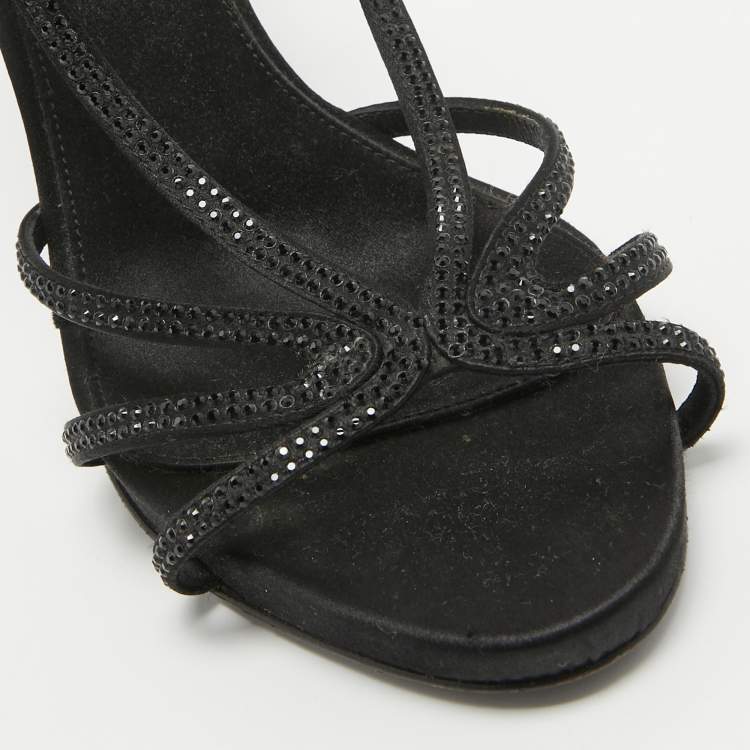 Pre Owned Le Silla Black Crystal Embellished Satin Slingback Sandals Size 38